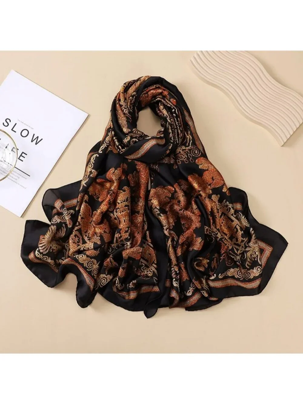 Women's Brown Lightweight Silk Like Scarves Flower Print Head Cotton Wrap Scarf